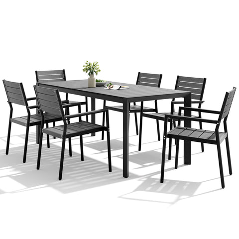 Pellebant Rectangular Aluminum Outdoor Dining Table with Umbrella Hole with Outdoor Stackable Dining Chair