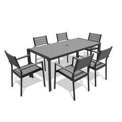 Rectangular Aluminum Outdoor Dining Table with Umbrella Hole and Stackable Chairs Set