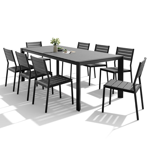 Pellebant Rectangular Aluminum Outdoor Dining Table with Umbrella Hole with Outdoor Stackable Dining Chair