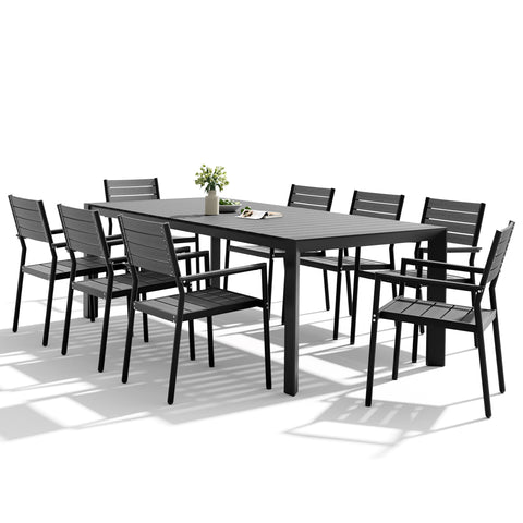 Pellebant Rectangular Aluminum Outdoor Dining Table with Umbrella Hole with Outdoor Stackable Dining Chair