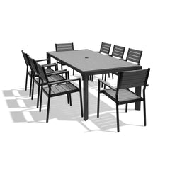 Rectangular Aluminum Outdoor Dining Table with Umbrella Hole and Stackable Chairs Set