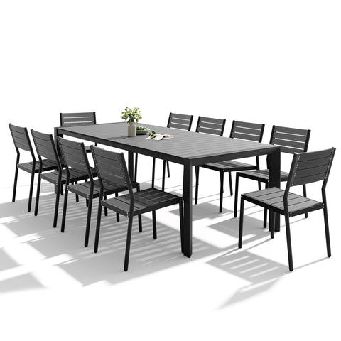 Pellebant Rectangular Aluminum Outdoor Dining Table with Umbrella Hole with Outdoor Stackable Dining Chair