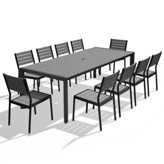 Rectangular Aluminum Outdoor Dining Table with Umbrella Hole and Stackable Chairs Set