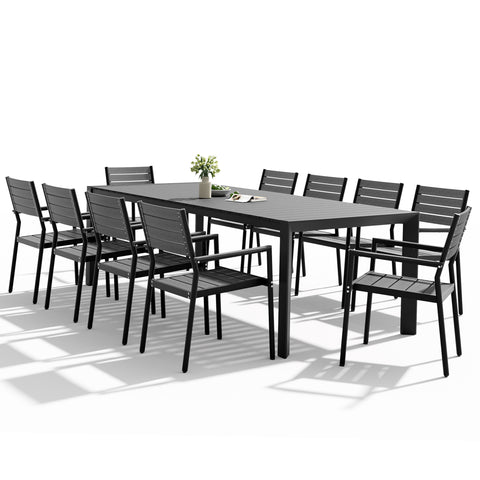 Pellebant Rectangular Aluminum Outdoor Dining Table with Umbrella Hole with Outdoor Stackable Dining Chair