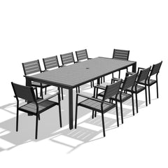 Rectangular Aluminum Outdoor Dining Table with Umbrella Hole and Stackable Chairs Set