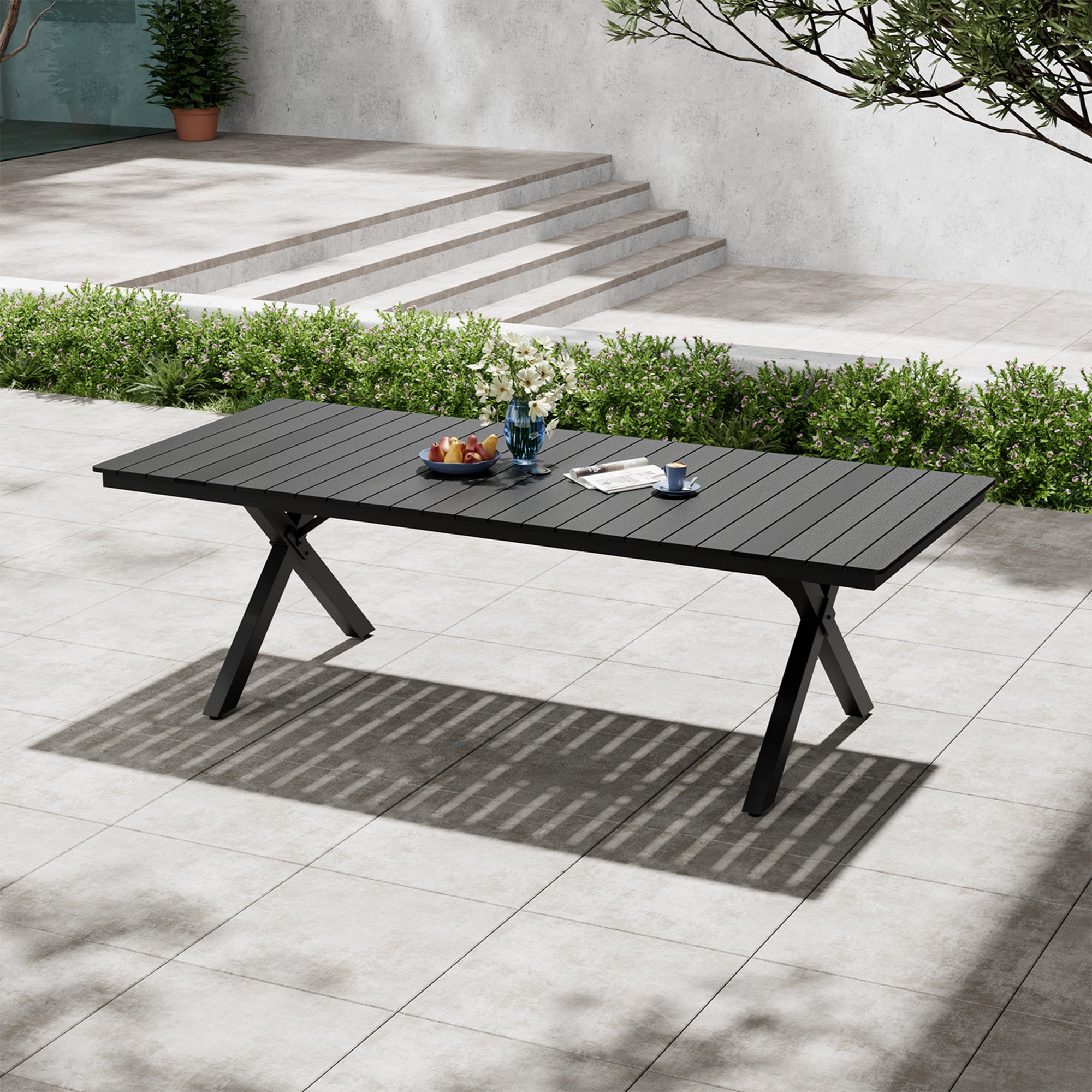 Pellebant Outdoor Aluminum Patio Dining Table for 6-12 with Umbrella Hole Waterproof Wood-Like Tabletop