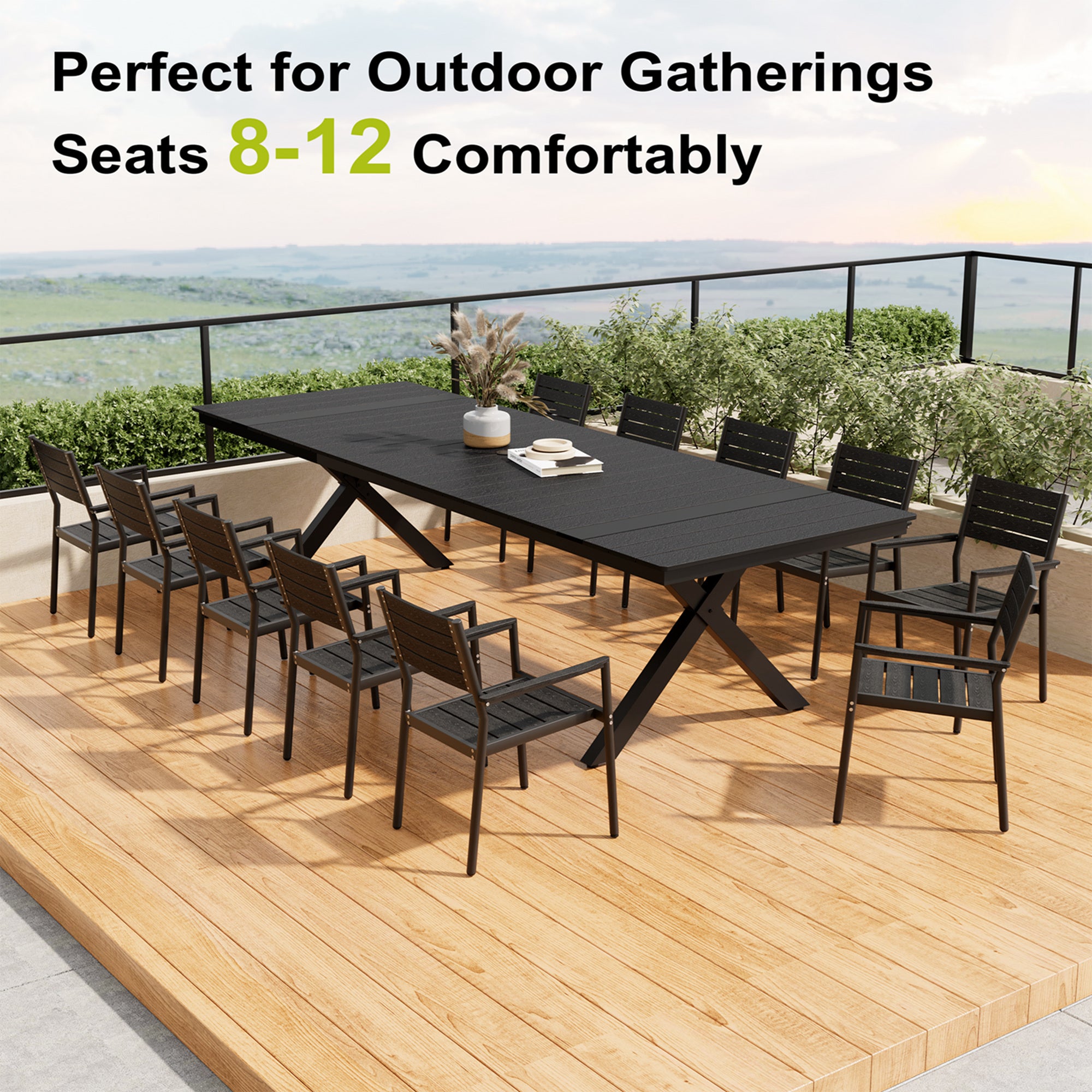 Pellebant 118 in. Outdoor Aluminum Patio Dining Table for 6-12 with Umbrella Hole Waterproof Wood-Like Tabletop