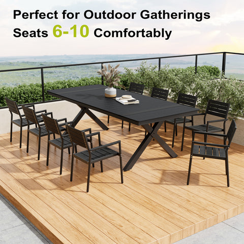 Pellebant Outdoor Aluminum Patio Dining Table for 6-12 with Umbrella Hole Waterproof Wood-Like Tabletop