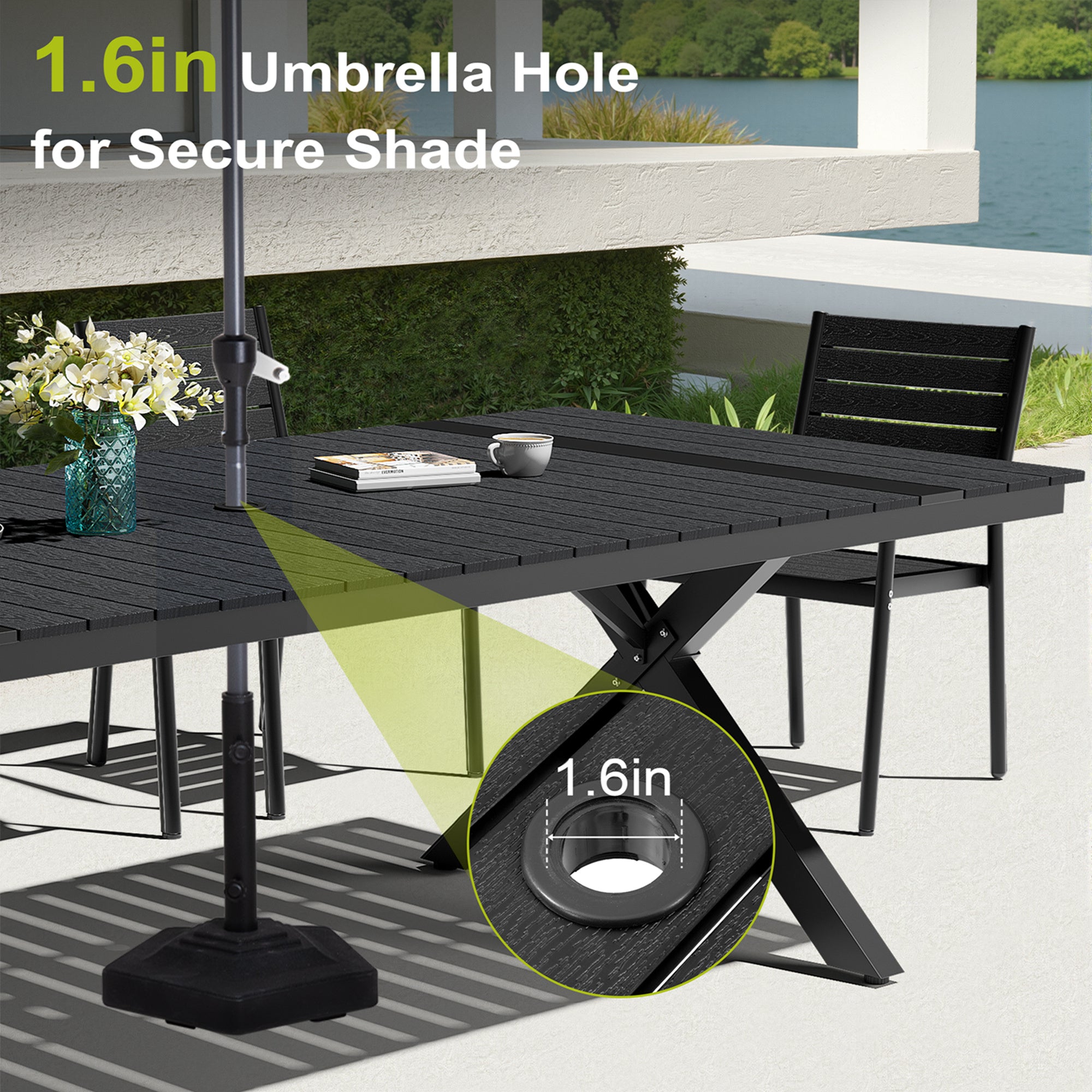Pellebant Outdoor Aluminum Patio Dining Table for 6-12 with Umbrella Hole Waterproof Wood-Like Tabletop