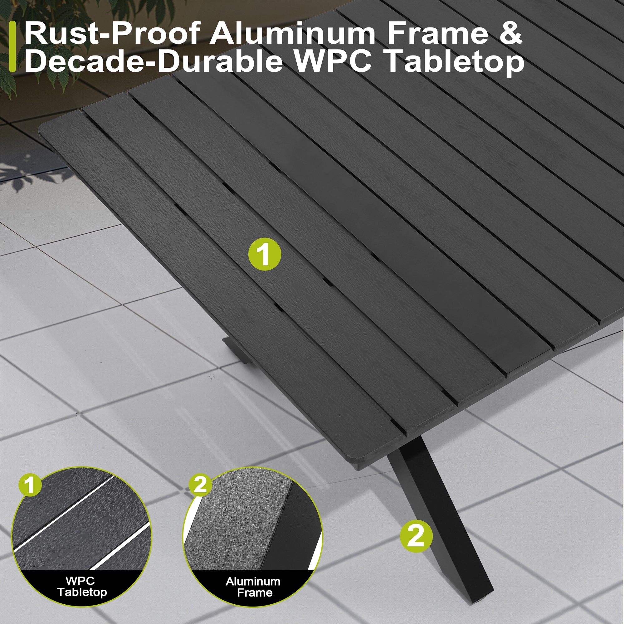 Pellebant Outdoor Aluminum Patio Dining Table for 6-12 with Umbrella Hole Waterproof Wood-Like Tabletop