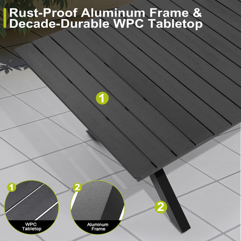 Pellebant Outdoor Aluminum Patio Dining Table for 6-12 with Umbrella Hole Waterproof Wood-Like Tabletop