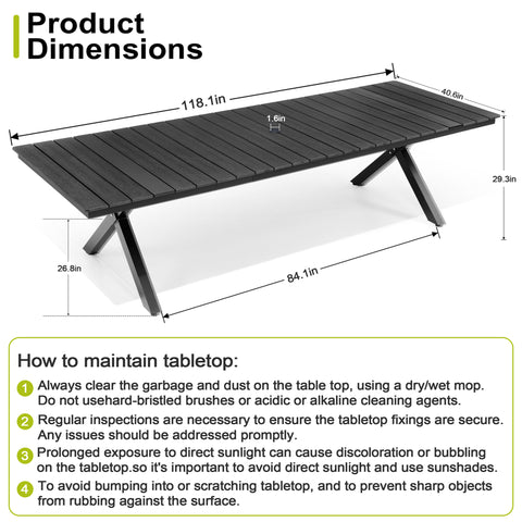 Pellebant 118 in. Outdoor Aluminum Patio Dining Table for 6-12 with Umbrella Hole Waterproof Wood-Like Tabletop