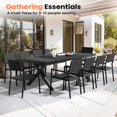 Rectangular Aluminum Outdoor Dining Table with Umbrella Hole and Stackable Chairs Set