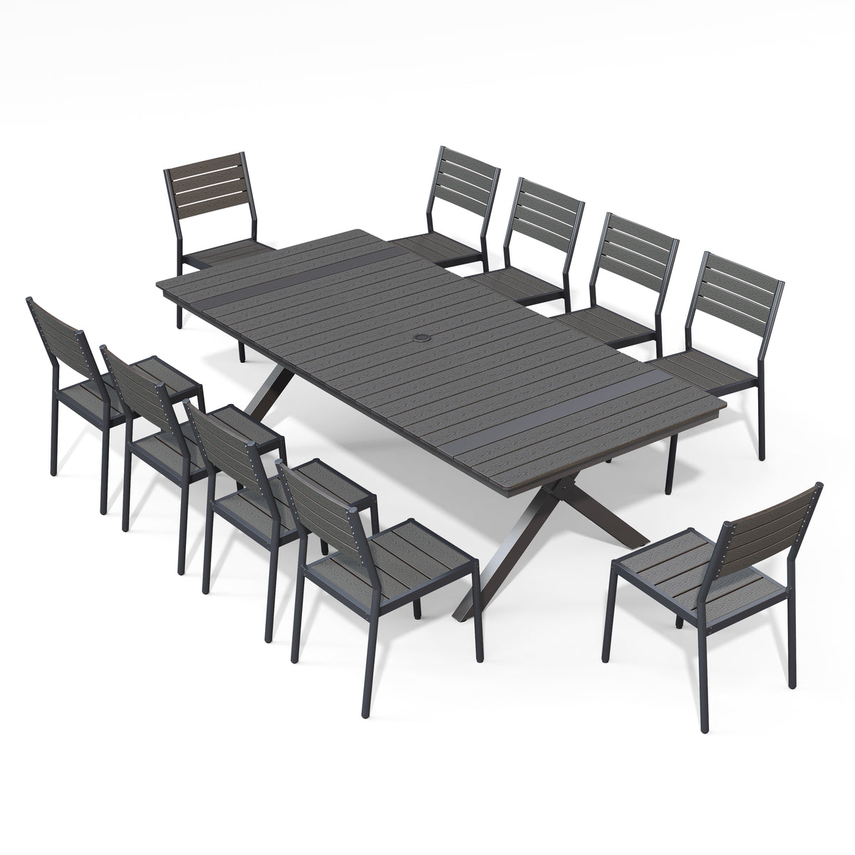 Rectangular Aluminum Outdoor Dining Table with Umbrella Hole and Stackable Chairs Set