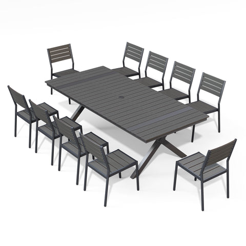 Pellebant Rectangular Aluminum Outdoor Dining Table with Umbrella Hole and Stackable Dining Chair Set