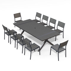 Rectangular Aluminum Outdoor Dining Table with Umbrella Hole and Stackable Chairs Set