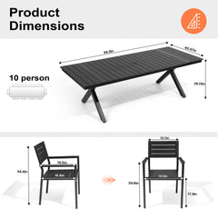 Rectangular Aluminum Outdoor Dining Table with Umbrella Hole and Stackable Chairs Set