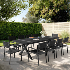 Rectangular Aluminum Outdoor Dining Table with Umbrella Hole and Stackable Chairs Set