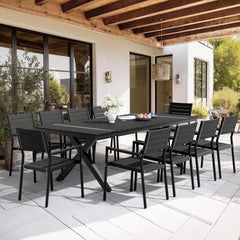 Rectangular Aluminum Outdoor Dining Table with Umbrella Hole and Stackable Chairs Set