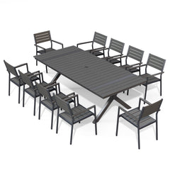 Rectangular Aluminum Outdoor Dining Table with Umbrella Hole and Stackable Chairs Set
