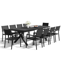 Rectangular Aluminum Outdoor Dining Table with Umbrella Hole and Stackable Chairs Set