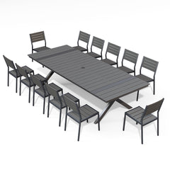 Rectangular Aluminum Outdoor Dining Table with Umbrella Hole and Stackable Chairs Set