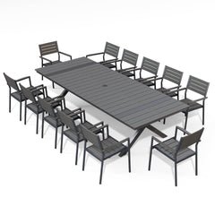 Rectangular Aluminum Outdoor Dining Table with Umbrella Hole and Stackable Chairs Set