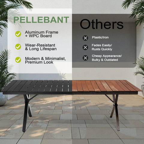 Pellebant Outdoor Aluminum Patio Dining Table for 6-12 with Umbrella Hole Waterproof Wood-Like Tabletop