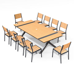 Rectangular Aluminum Outdoor Dining Table with Umbrella Hole and Stackable Chairs Set