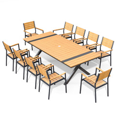 Rectangular Aluminum Outdoor Dining Table with Umbrella Hole and Stackable Chairs Set