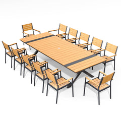 Rectangular Aluminum Outdoor Dining Table with Umbrella Hole and Stackable Chairs Set