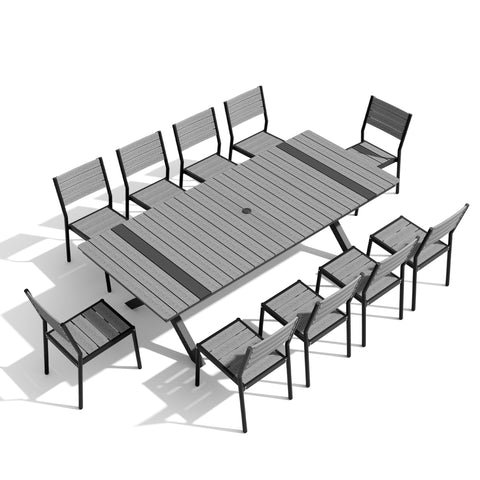 Pellebant Rectangular Aluminum Outdoor Dining Table with Umbrella Hole and Stackable Dining Chair Set