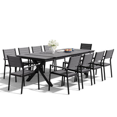 Rectangular Aluminum Outdoor Dining Table with Umbrella Hole and Stackable Chairs Set