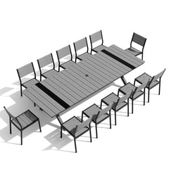 Rectangular Aluminum Outdoor Dining Table with Umbrella Hole and Stackable Chairs Set