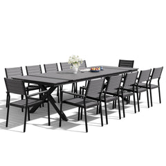 Rectangular Aluminum Outdoor Dining Table with Umbrella Hole and Stackable Chairs Set