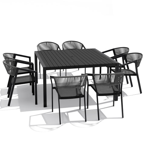 Aluminum Outdoor Dining Set with Umbrella Hole and Polywood Chairs
