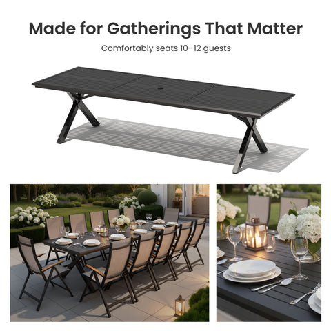 Aluminum 10-12 Person Outdoor Dining Set with Umbrella Hole & Folding Textilene Chairs