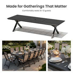 Aluminum 10-12 Person Outdoor Dining Set with Umbrella Hole & Folding Textilene Chairs