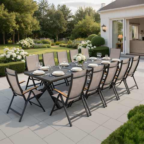 Aluminum 10-12 Person Outdoor Dining Set with Umbrella Hole & Folding Textilene Chairs