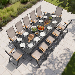 Aluminum 10-12 Person Outdoor Dining Set with Umbrella Hole & Folding Textilene Chairs