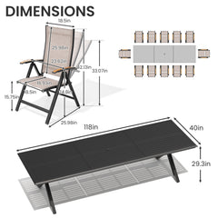 Aluminum 10-12 Person Outdoor Dining Set with Umbrella Hole & Folding Textilene Chairs