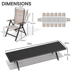 Aluminum 10-12 Person Outdoor Dining Set with Umbrella Hole & Folding Textilene Chairs