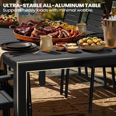 Rectangular Aluminum Outdoor Dining Table with Umbrella Hole and Stackable Chairs Set