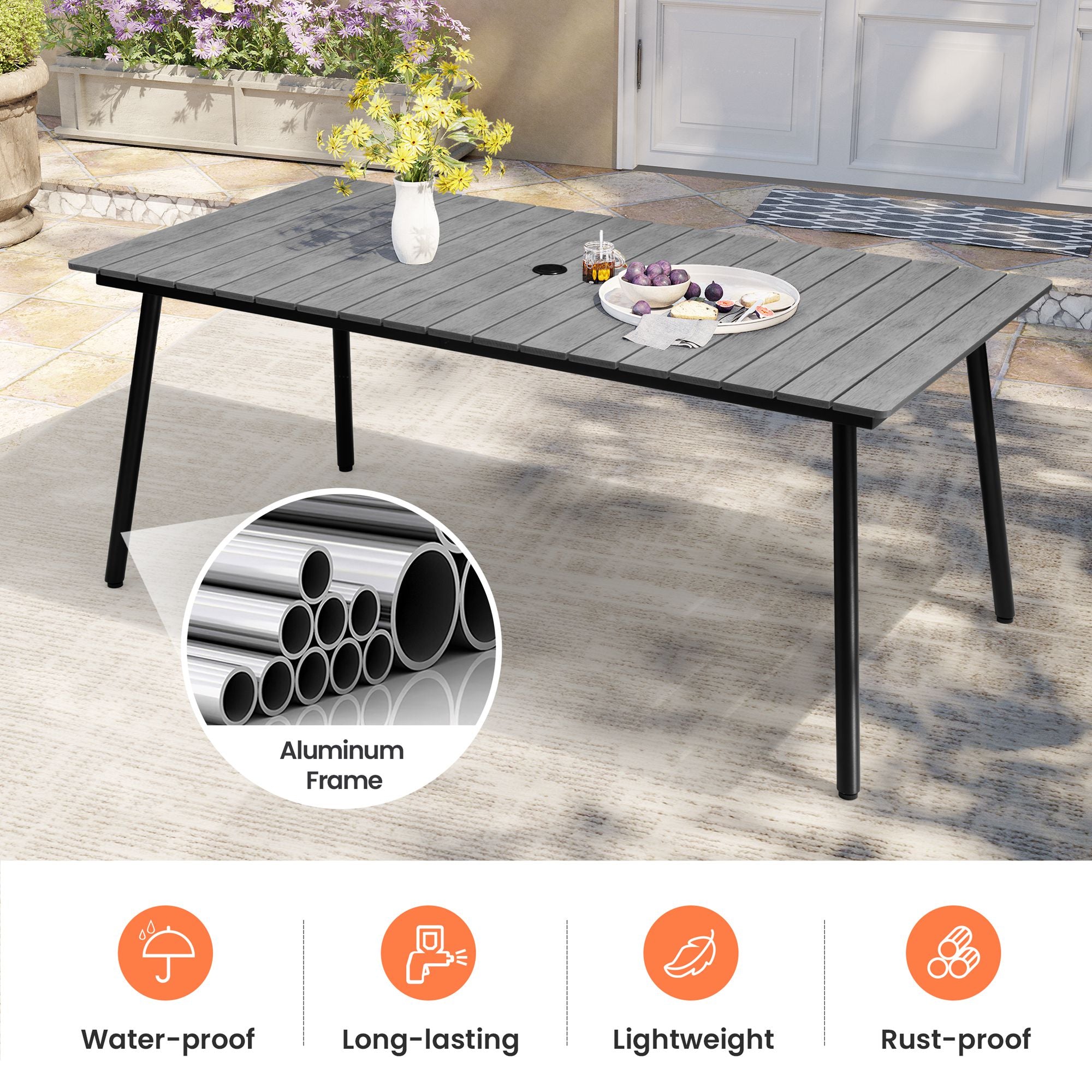 Pellebant 71 in. Outdoor Patio Dining Table with Wood-Like Top and Aluminum Frame